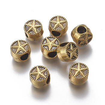 Tibetan Style Alloy Beads, Flat Round with Star, Antique Golden, 10x7mm, Hole: 4mm