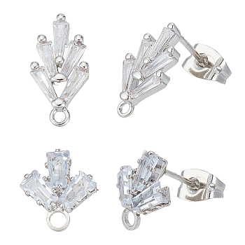 Brass Stud Earring Findings, with Loops, Clear Cubic Zirconia and Ear Nuts, Grass, Brass Friction Ear Nuts, Platinum, 14.2x7.5mm, Hole: 1mm, Pin: 0.8mm