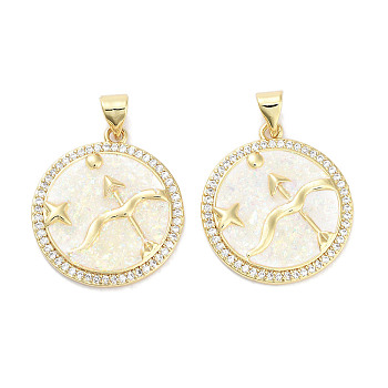 Brass Micro Pave Clear Cubic Zirconia Pendants, with Synthetic Opal and ABS Plastic Pearl, Real 18K Gold Plated, Flat Round with Twelve Constellations Charms, Sagittarius, 23x20x2.5mm, Hole: 4.5x3mm
