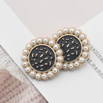 Alloy Enamel Shank Buttons, with Plastic Imitation Pearls, for Garment Accessories, Black, 20mm