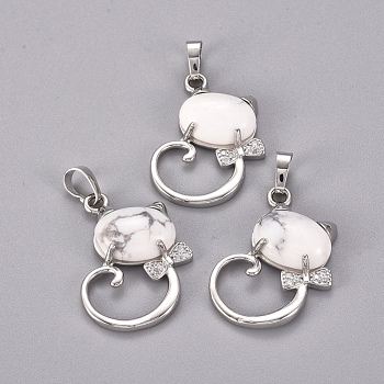 Natural Howlite Kitten Pendants, with Platinum Tone Brass Findings and Crystal Rhinestone, Cat with Bowknot Shape, 32x25.5x7.5mm, Hole: 4.5x7mm