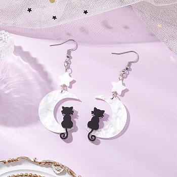 Acrylic Dangle Earrings, with Shell Beads, Cat & Moon, Platinum, Star, 76.5x26.5mm