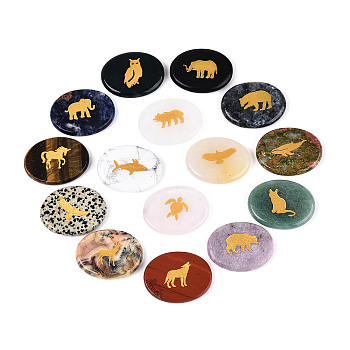 Natural Mixed Gemstone Cabochons, Oval with Engraved Gold Animals Mixed Patterns, 44~45.5x34~36x6~7.5mm