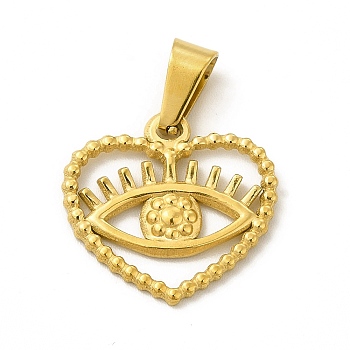 Vacuum Plating 304 Stainless Steel Pendants, Heart with Eye Charms, Golden, 17.5x18.5x1.5mm, Hole: 6x3.5mm