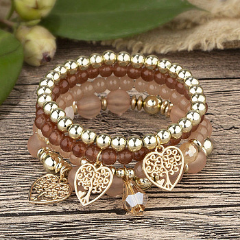 Acrylic & Glass Beaded Stretch Bracelet Sets, Bohemian Style Heart Charm Bracelets for Women, Sienna, 7-1/8 inch(18cm)