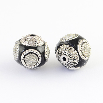 Round Handmade Indonesia Beads, with Alloy Cores, Antique Silver, Black, 14~16x14~16mm, Hole: 1.5mm