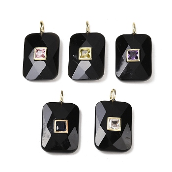 Natural Obsidian Pendants, Faceted Rectangle Charms with Brass Micro Pave Random Color Cubic Zirconia Findings, Golden, 25x18x6~8mm, Hole: 2.5x3.5mm