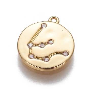 Brass Cubic Zirconia Pendants, Flat Round with Constellation, Golden, Clear, Aquarius, 16x14x1.5mm, Hole: 1mm