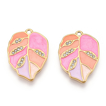 Real 18K Gold Plated 304 Stainless Steel Rhinestone Pendants, with Enamel, Leaf Charms, Hot Pink, 21.5x16x2mm, Hole: 1mm