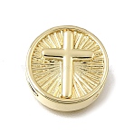 Brass Slide Charms, Flat Round with Cross, Cadmium Free & Lead Free, Rack Plating, Long-Lasting Plated, Real 18K Gold Plated, 16x5.5mm, Hole: 2x11mm(KK-CBAEEA8-08B-G)