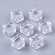 Epoxy Resin Pendants, with Platinum Plated Iron Loop, Cube, Clear, 31x27~28mm, Hole: 2mm, Side Length: 17.5~18.5mm(X-CRES-N025-06)