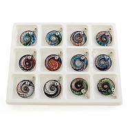 Handmade Silver Foil Lampwork Pendants, Flat Round, with Gold Sand and Iron Findings, Platinum, Mixed Color, 58.5~65x45.5~48x10.5mm, Hole: 4.5x5~8mm, 12pcs/box(FOIL-S135-01-B)