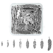 100Pcs 10 Styles Tibetan Style Alloy Pendants, Feather, Antique Silver, 14.5~42x5~11x1.5~3.5mm, Hole: 1~2mm, 10pcs/style(TIBE-YW0001-36)