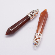 Natural Carnelian Big Pointed Pendants, with Alloy Findings, Bullet, Platinum, 57~63x13x10mm, Hole: 3x4mm(G-D860-C12-P)