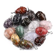 Natural & Synthetic Mixed Gemstone Pendants, with Brass Wire Wrapped, Egg Shape Charm, Platinum, 41.5~43.5x20~21x20~21mm, Hole: 4~5.5mm(G-N326-151P)