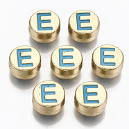 Alloy Enamel Beads, Cadmium Free & Lead Free, Flat Round with Initial Letters, Light Gold, Sky Blue, Letter.E, 8x4mm, Hole: 1.5mm(X-ENAM-S122-029E-RS)