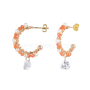 Dangle Stud Earrings, Half Hoop Earrings, with Glass Beads, Glass Pearl Beads, Clear Cubic Zirconia Charms, Real 18K Gold Plated Brass Stud Earring Findings and Ear Nuts, Heart, Dark Orange, 35mm, Pin: 0.7mm(EJEW-JE04058-03)
