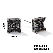 Chic Brass Cubic Zirconia Stud Earrings, Fashionable and Versatile Accessories, Square, Black, 8x8mm(ZD1304-15)