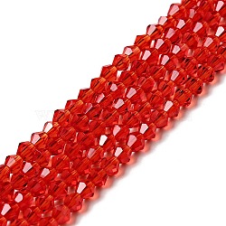 Imitation Austrian Crystal 5301 Bicone Beads, Faceted Glass Beads Strands, Red, 3x3~3.5mm, Hole: 0.5mm, about 125~130pcs/strand, 15.5 inch(GLAA-S026-3mm-11)