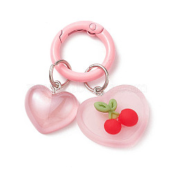 Luminous Resin Keychain, with Iron Key Rings, Glow In The Dark, Heart & Heart with Cherry, Pearl Pink, 2.1x1.8cm(LUMI-PW0001-203B)