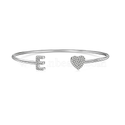 Anti-Tarnish Heart & Letter Rhodium Plated 925 Sterling Silver Micro Pave Cubic Zirconia Cuff Bangles for Women, Letter E, 0.2~0.8cm, Inner Diameter: 1-7/8x2-1/4 inch(4.85x5.65cm)(BJEW-C062-01E-P)