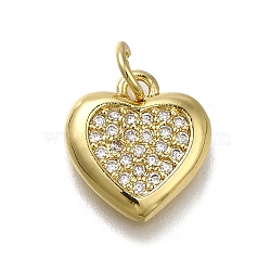 Brass Micro Pave Clear Cubic Zirconia Pendants, Heart Charms, Long-Lasting Plated, Rack Plating, Lead Free & Cadmium Free, with Jump Ring, Real 18K Gold Plated, 13x12.5x2.5mm, Hole: 3.5mm(ZIRC-I070-143G)