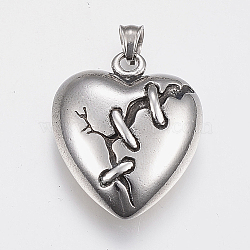 304 Stainless Steel Mended Heart Pendants, Broken Heart, Antique Silver, 31.5x26x10mm, Hole: 6mm(STAS-H435-58)