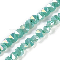 Electroplate Glass Beads Strands, Faceted, Plated AB Colors, Cone, Pale Green, 5x6.5x5mm, Hole: 1.2mm, about 95~100pcs/strand, 18.66~19.06''(47.4~48.4cm)(EGLA-B009-05A-08)