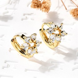 Flower Brass Hoop Earrings, with Clear Cubic Zirconia, Real 18K Gold Plated, 13x10x15.5mm(EJEW-S256-01A-G)