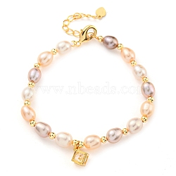 Natural Freshwater Pearl Beaded Bracelets, Golden Plated Cube Brass Charm Bracelets for Women, Golden, 6-1/2 inch(16.5cm)(BJEW-F470-05G)