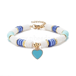 Heart Charm Bracelet, Polymer Clay Heishi Surfer Bracelet, Preppy Jewelry for Women, Golden, Blue, 7-5/8 inch(19.4cm)(BJEW-JB07655-03)