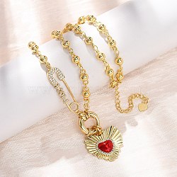 Mother's Day Brass Micro Pave Clear Cubic Zirconia Enamel Red Sacred Heart Mama Pendant Necklaces for Women, Cadmium Free & Lead Free, Long-Lasting Plated, Rack Plating, Real 18K Gold Plated, 17.48 inch(44.4cm)(NJEW-A071-12A-G)