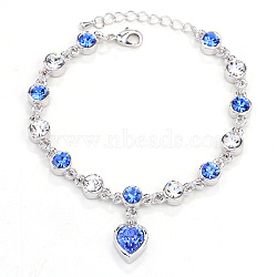 Alloy Rhinestone Charm Bracelets, Link Chain Bracelets for Women, Heart, Platinum, Indian Pink, 6.30 inch(16cm)(FS-WG1766B-05)