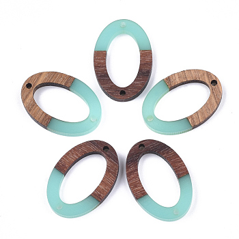 Resin & Walnut Wood Links connectors, Oval, Medium Turquoise, 28.5x19.5x3~4mm, Hole: 1.8mm