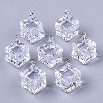 Epoxy Resin Pendants, with Platinum Plated Iron Loop, Cube, Clear, 31x27~28mm, Hole: 2mm, Side Length: 17.5~18.5mm