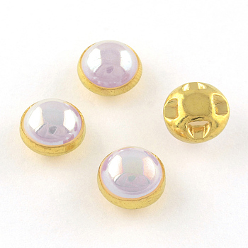 ABS Plastic Imitation Pearl Sewing Buttons, AB Color, with Brass Findings, Lavender, Golden, 12~12.5x7mm, Hole: 1mm