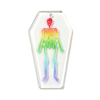 Printed Acrylic Pendants, for Halloween, Coffin with Skeleton Charm, Colorful, 45x24x3mm, Hole: 1.8mm
