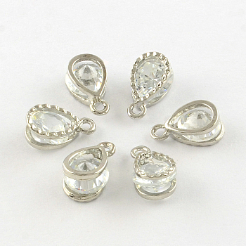 Teardrop Alloy Charms, with Cubic Zirconia, Platinum, 13x8x6mm, Hole: 1mm