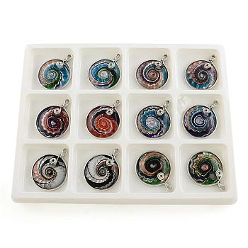 Handmade Silver Foil Lampwork Pendants, Flat Round, with Gold Sand and Iron Findings, Platinum, Mixed Color, 58.5~65x45.5~48x10.5mm, Hole: 4.5x5~8mm, 12pcs/box