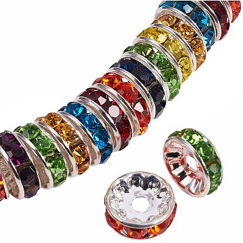 Brass Grade A Rhinestone Rondelle Spacer Beads, Nickel Free, Silver, 8x3.8mm, Hole: 1.5mm