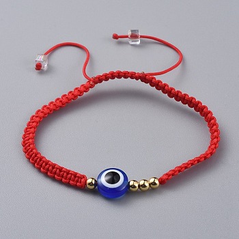 Nylon Thread Braided Bead Bracelets, Red String Bracelets, with Evil Eye Resin Beads and Brass Beads, Golden, Red, 2-1/8 inch~3-1/8 inch(5.3~8cm)