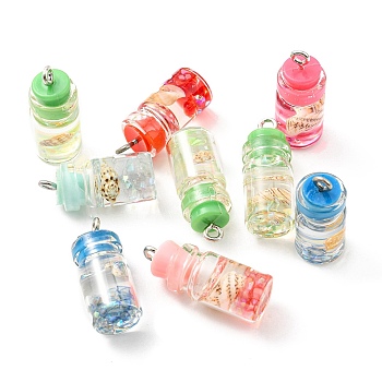 Translucent Resin Pendants, Drink Charms, Glass Bottle with Shell Inside and Metal Loops, Mixed Color, 22.8x10mm, Hole: 2mm, about 10pcs/bag