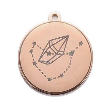 304 Stainless Steel Pendants, Flat Round with Star & Diamond, Rose Gold, 28x25x1.4mm, Hole: 2mm