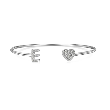 Heart & Letter Rhodium Plated 925 Sterling Silver Micro Pave Cubic Zirconia Cuff Bangles for Women, Letter E, 0.2~0.8cm, Inner Diameter: 1-7/8x2-1/4 inch(4.85x5.65cm) 