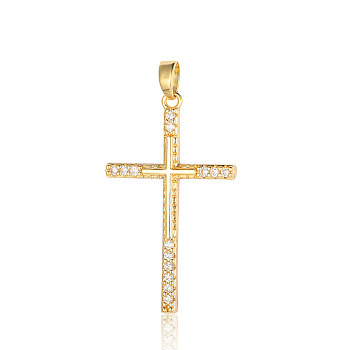Brass Micro Pave Clear Cubic Zirconia Pendants, Cross Charms, Real 18K Gold Plated, 34x20x2.6mm