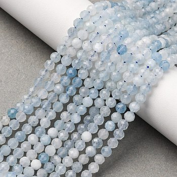 Natural Aquamarine Beads Strands, Faceted, Round, 4mm, Hole: 0.8mm, about 97~103pcs/strand, 38~39cm