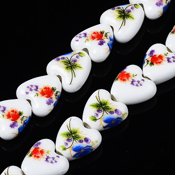 Handmade Porcelain Ceramic Beads Strands, Flower Printed, Heart, Red, 15x15x7mm, Hole: 3mm, about 23pcs/strand, 12.8 inches(32.5cm)