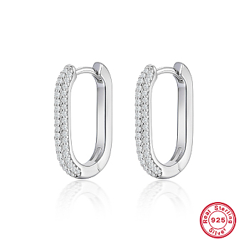 Oval Rhodium Plated 925 Sterling Silver with Rhinestone Hoop Earrings, with 925 Stamp, Platinum, 21x15mm