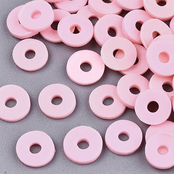 Handmade Polymer Clay Beads, for DIY Jewelry Crafts Supplies, Disc/Flat Round, Heishi Beads, Pearl Pink, 6x1mm, Hole: 2mm, about 1175pcs/50g