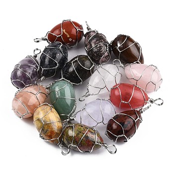 Natural & Synthetic Mixed Gemstone Pendants, with Brass Wire Wrapped, Egg Shape Charm, Platinum, 41.5~43.5x20~21x20~21mm, Hole: 4~5.5mm